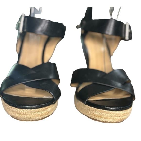 Michael Kors Black Leather Wedge Espadrille Sandals Size 10 Open Toe Ankle Strap - Picture 4 of 11